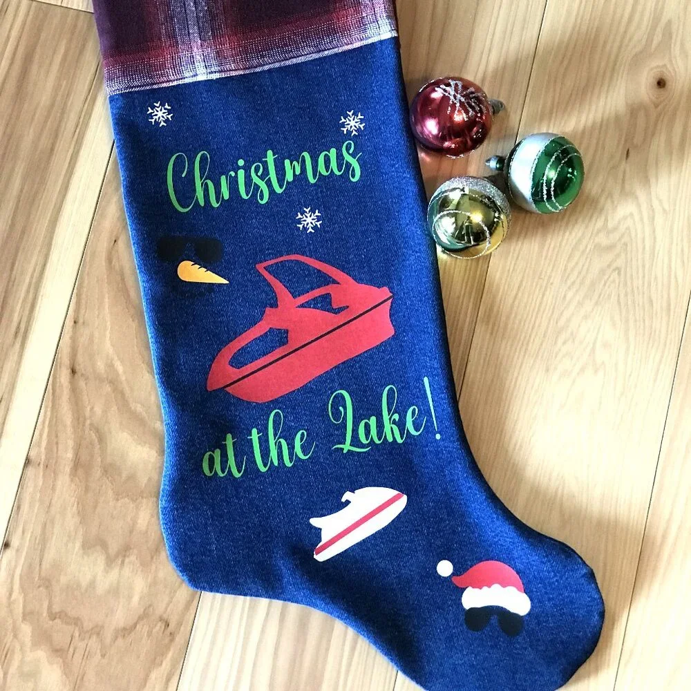 Denim Christmas Stocking Lake House Christmas Decor, Boating Fishing Applique